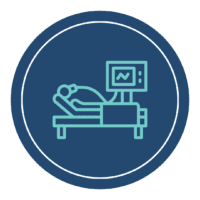 Icon of a person lying in a hospital bed connected to a monitor, depicted with simple blue and teal lines inside a circular border.