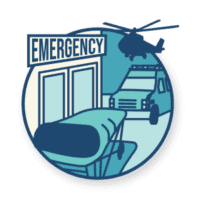 Illustration of an emergency room entrance with a stretcher, an ambulance, and a helicopter in the background, highlighting the dedication of BCEN volunteers.