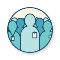 Illustration of BCEN volunteers wearing badges, depicted in blue tones, inside a circular frame.
