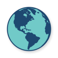 A simple illustration of Earth, featuring North and South America in dark blue with light blue oceans on a light background, celebrates the global impact of BCEN volunteers.