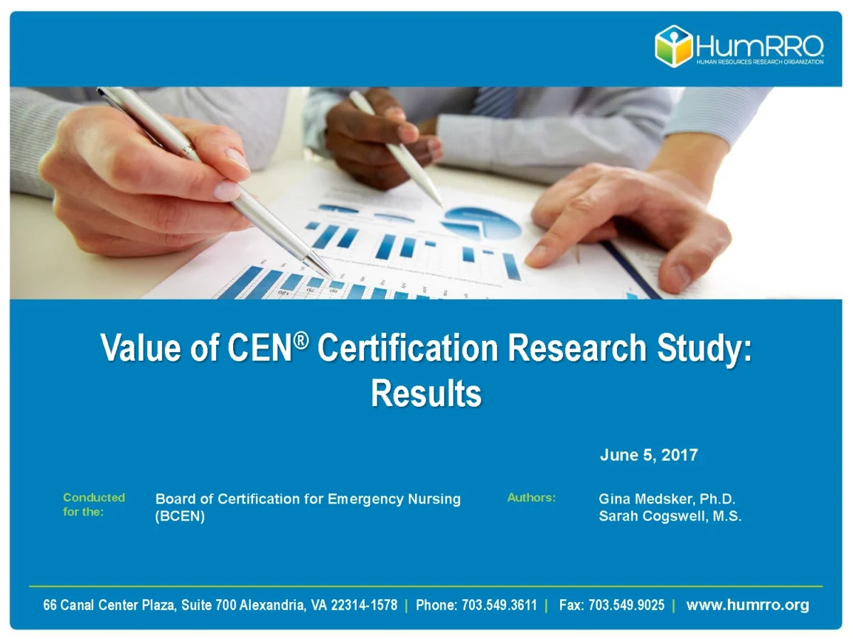 Two people analyze charts and graphs on paper for a CEN certification research study. Title text reads "Value of CEN Certification Research Study: Results." Conducted for BCEN, dated June 5, 2017, with contact info shown.