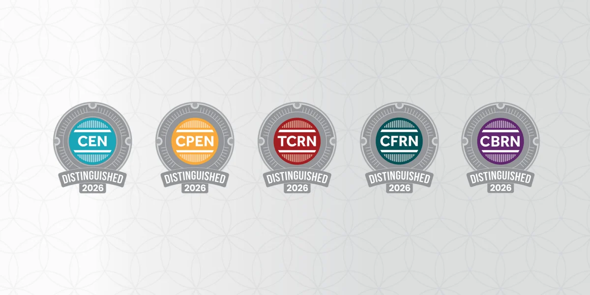 Five distinguished badges for 2026 are shown, labeled CEN, CPEN, TCRN, CFRN, and CBRN—each with a different colored circle. Celebrate as the 2026 Distinguished TCRN Award Winner stands out among these honors.