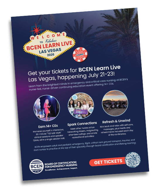 Promotional flyer for BCEN Learn Live 2026 in Las Vegas, July 21-23—an emergency nursing conference highlighting CE opportunities, networking, and relaxation for emergency and critical care nurses.
