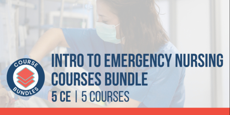 A nurse wearing a mask tends to a patient. Text reads: Intro to Emergency Nursing Courses Bundle, 5 CE, 5 Courses, with a course bundles icon.