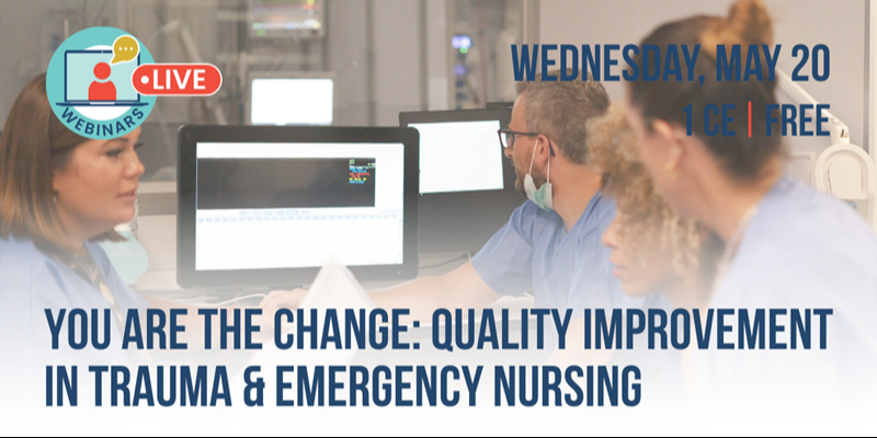 Four healthcare professionals in scrubs discuss in front of a computer in a hospital; webinar details on trauma and emergency nursing are displayed.