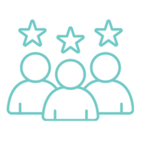 A simplified teal icon of three human figures grouped together, representing a team or community.