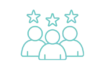 A simplified teal icon of three human figures grouped together, representing a team or community.