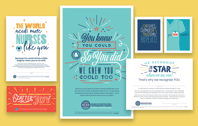 A collage of colorful posters and cards celebrating nurses, featuring motivational messages, stars, and a nurse uniform illustration, set against a yellow background.