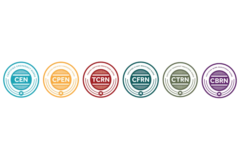 Six circular certification badges in different colors labeled: CEN, CPEN, TCRN, CFRN, CTRN, and CBRN, each with unique icons—perfect for showcasing nursing scholarships or key emergency nursing credentials.