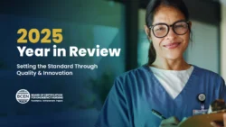Smiling nurse in scrubs stands with a clipboard; text reads "2025 Year in Review: Setting the Standard Through Quality & Innovation," with the BCEN logo at the bottom.