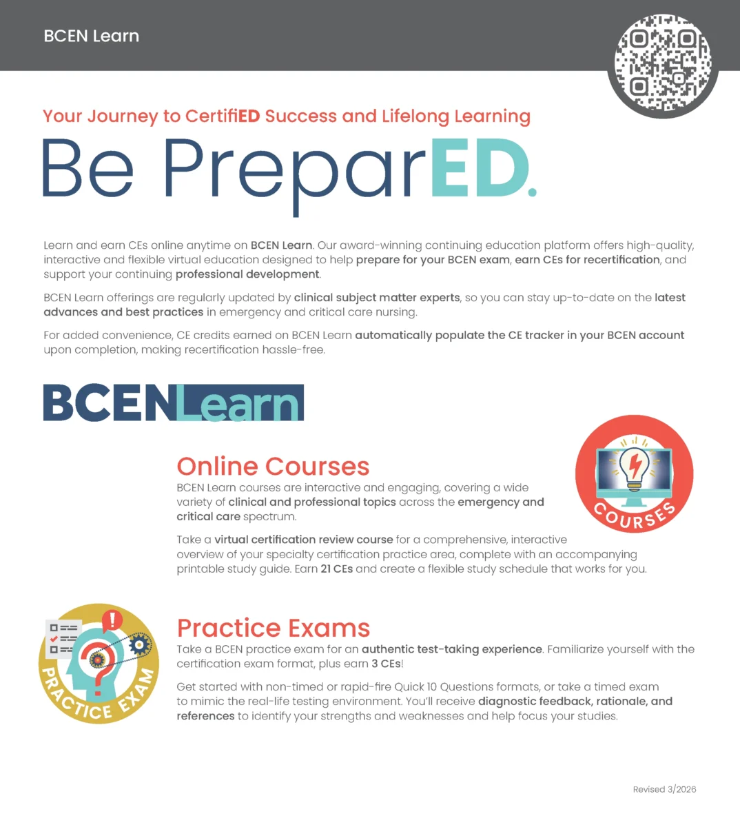 Informational flyer for BCEN Learn promoting online courses and practice exams to help prepare for CT recertification in emergency nursing.