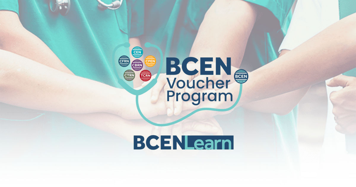 Four people in green medical scrubs stand with hands stacked together. The text reads "BCEN Voucher Program" and "BCEN Learn" with certification icons displayed.