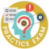 Illustration of a head with a question mark, gears, a checklist, and an exclamation mark, above the words "PRACTICE EXAM" in a yellow circle—ideal for BCEN volunteer subject matter expert (SME) preparation.