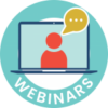 Illustration of a person on a laptop screen with a speech bubble, set within a teal circle labeled "Webinars" at the bottom—perfect for BCEN volunteer subject matter expert SMEs leading engaging sessions.