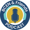 BCEN & Friends Podcast logo featuring a blue and gold microphone inside a chat bubble, with turquoise headphones and circular text highlighting the BCEN volunteer subject matter expert (SME) community.