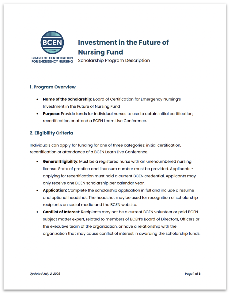 A document titled "Investment in the Future of Nursing Fund" outlines a nursing scholarships program description and eligibility criteria for the Board of Certification for Emergency Nursing.