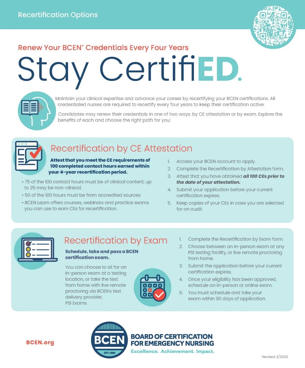 Informational BCEN recertification flyer outlining two options for renewing credentials: recertification by CE attestation or by exam, including detailed steps and requirements for each method.
