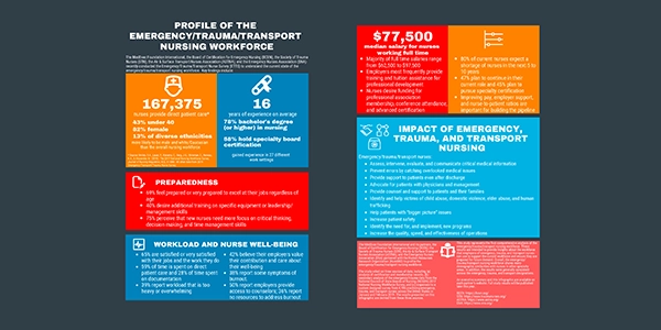 Infographic from the Emergency Trauma Transport Nursing Workforce Study detailing workforce statistics, median salary, preparedness, workload, nurse well-being, and specialty board certification.