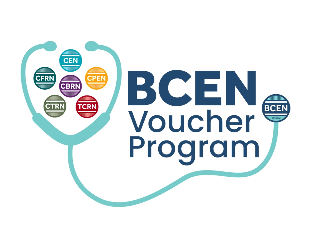 BCEN Voucher Program logo featuring a stethoscope surrounding certification badges for CFRN, CTRN, CEN, CBRN, TCRN, and CPEN.