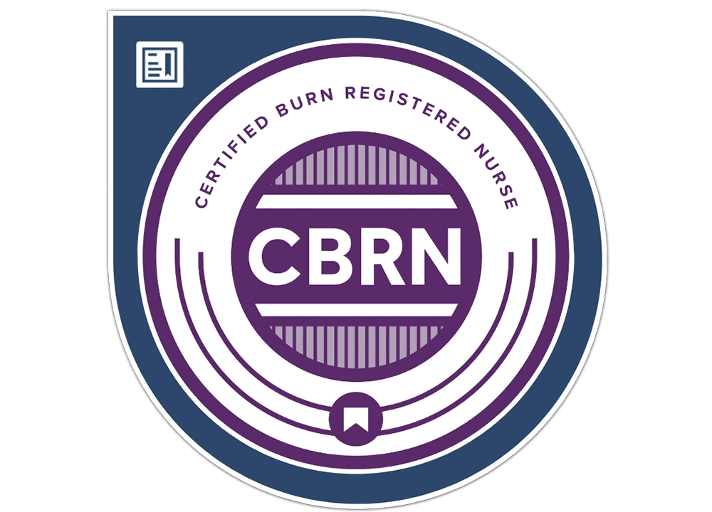 Circular badge with the text "Certified Burn Registered Nurse" and the acronym "CBRN" in bold purple letters, featuring a small book icon and a ribbon symbol at the bottom.