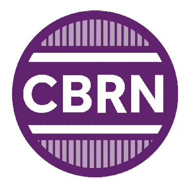 A purple circular logo with the white letters "CBRN" in the center, flanked by two solid lines and vertical bars filling the top and bottom of the circle.