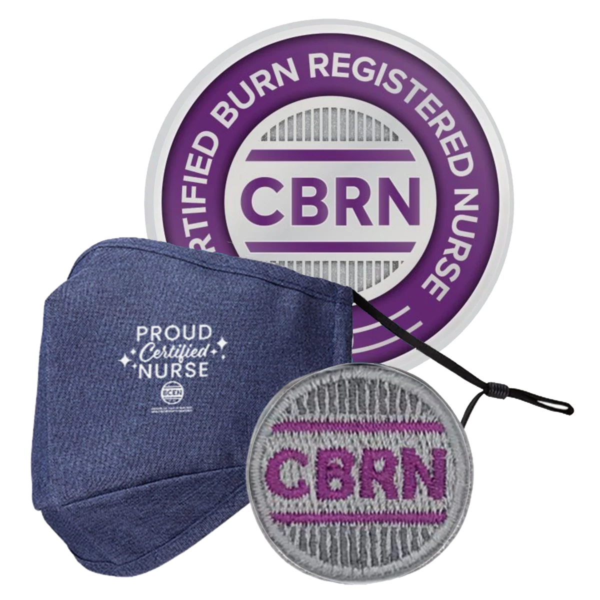 A round “Certified Burn Registered Nurse” badge, a blue face mask with “Proud Certified Nurse” text, and a round embroidered “CBRN” patch.
