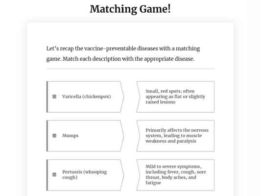 A matching game with descriptions of varicella, mumps, and pertussis, and their respective symptoms, displayed in separate boxes for each disease.