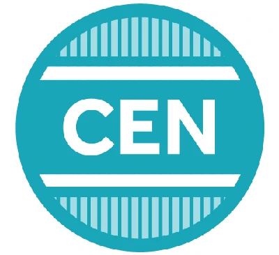 Teal circular logo with the white letters "CEN" in the center, bordered by horizontal white lines and vertical teal stripes at the top and bottom.