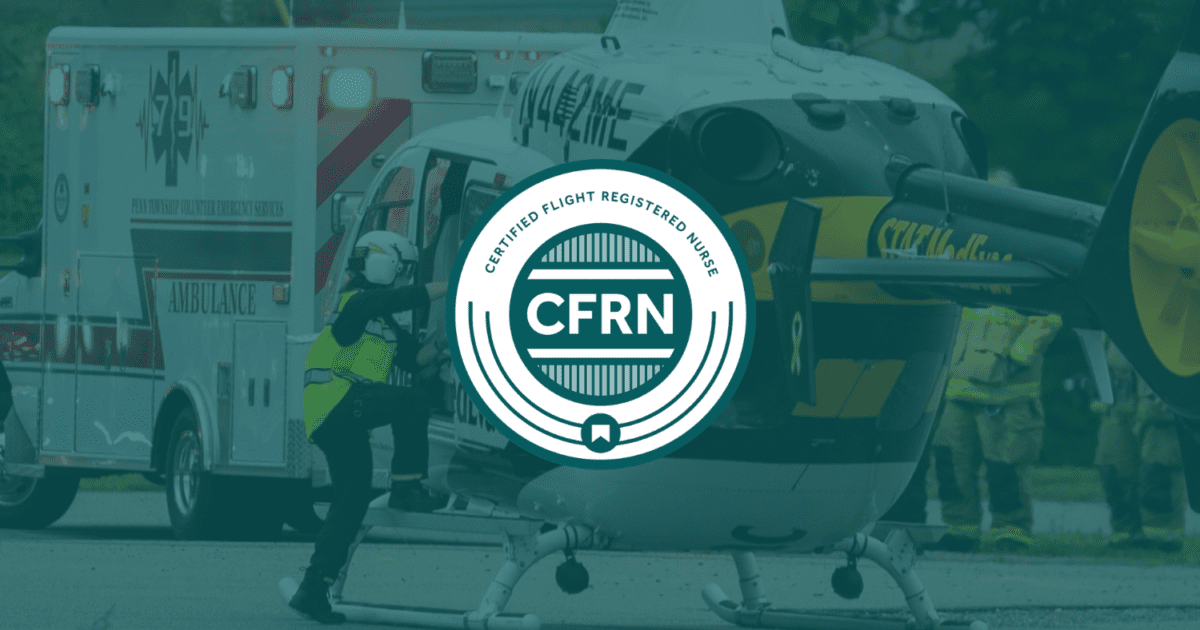 A paramedic approaches a medical helicopter near an ambulance; a Certified Flight Registered Nurse (CFRN) logo is overlaid in the center.