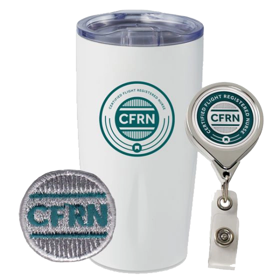 A white tumbler, a retractable badge holder, and a fabric patch, all displaying the Certified Flight Registered Nurse (CFRN) logo.