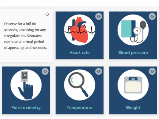 Five medical assessment icons labeled heart rate, blood pressure, pulse oximetry, temperature, and weight, with a note about observing neonates’ breathing and potential apnea periods.