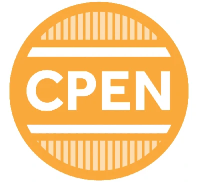 A circular orange logo with the white letters "CPEN" in the center, bordered by horizontal white lines and vertical white stripes on the top and bottom.