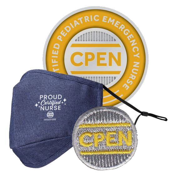 A CPEN badge, a CPEN patch, and a navy blue face mask with the text "Proud Certified Pediatric Nurse" displayed together.