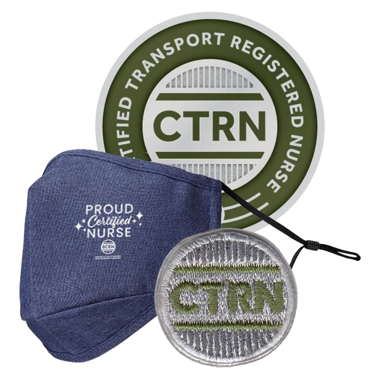 A circular "CTRN Certified Transport Registered Nurse" badge, a blue mask with "Proud Certified Nurse" text, and a round embroidered CTRN patch are displayed.