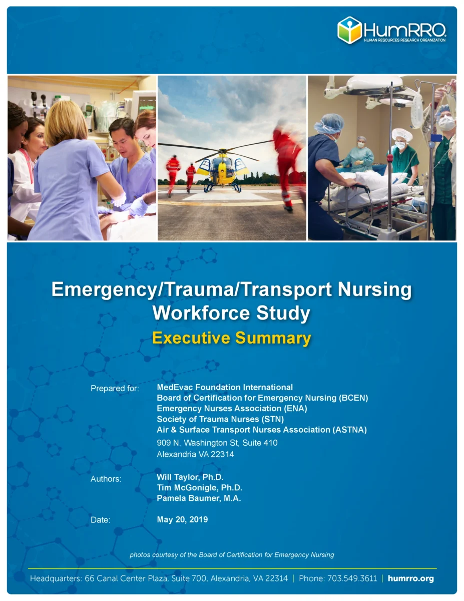 Cover page of the Emergency Trauma Transport Nursing Workforce Study Executive Summary, featuring medical staff treating patients and working in dynamic hospital settings.