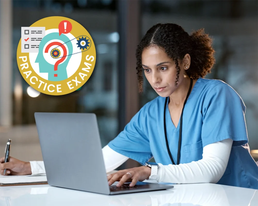 A woman in scrubs works on a laptop at a desk. An illustrated "Practice Exams" graphic is shown beside her.