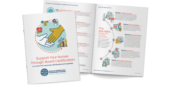 A brochure titled "Support Your Nurses Through Board Certification" is shown, with its cover and inside pages featuring text, icons, and illustrations.