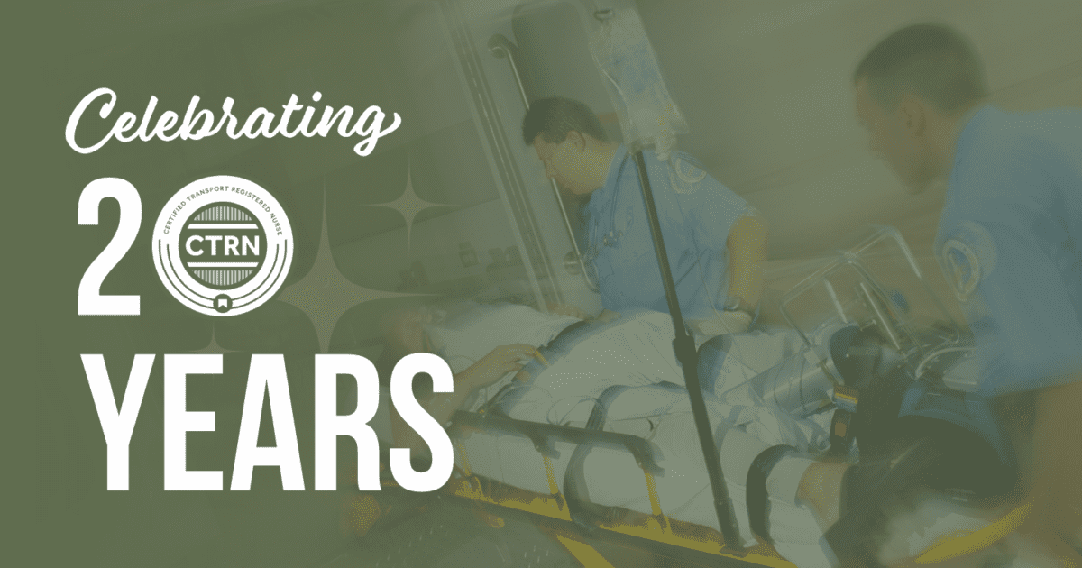 Two paramedics wheel a patient on a stretcher into an ambulance. Text reads: "Celebrating 20 Years CTRN" on a green background.