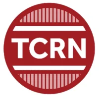 Red circular logo with white horizontal stripes at the top and bottom, featuring the bold white letters "TCRN" in the center.