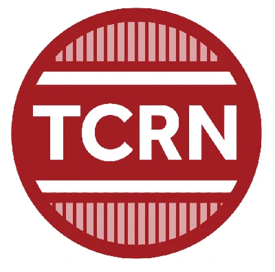 Red circular logo with white horizontal stripes at the top and bottom, featuring the bold white letters "TCRN" in the center.