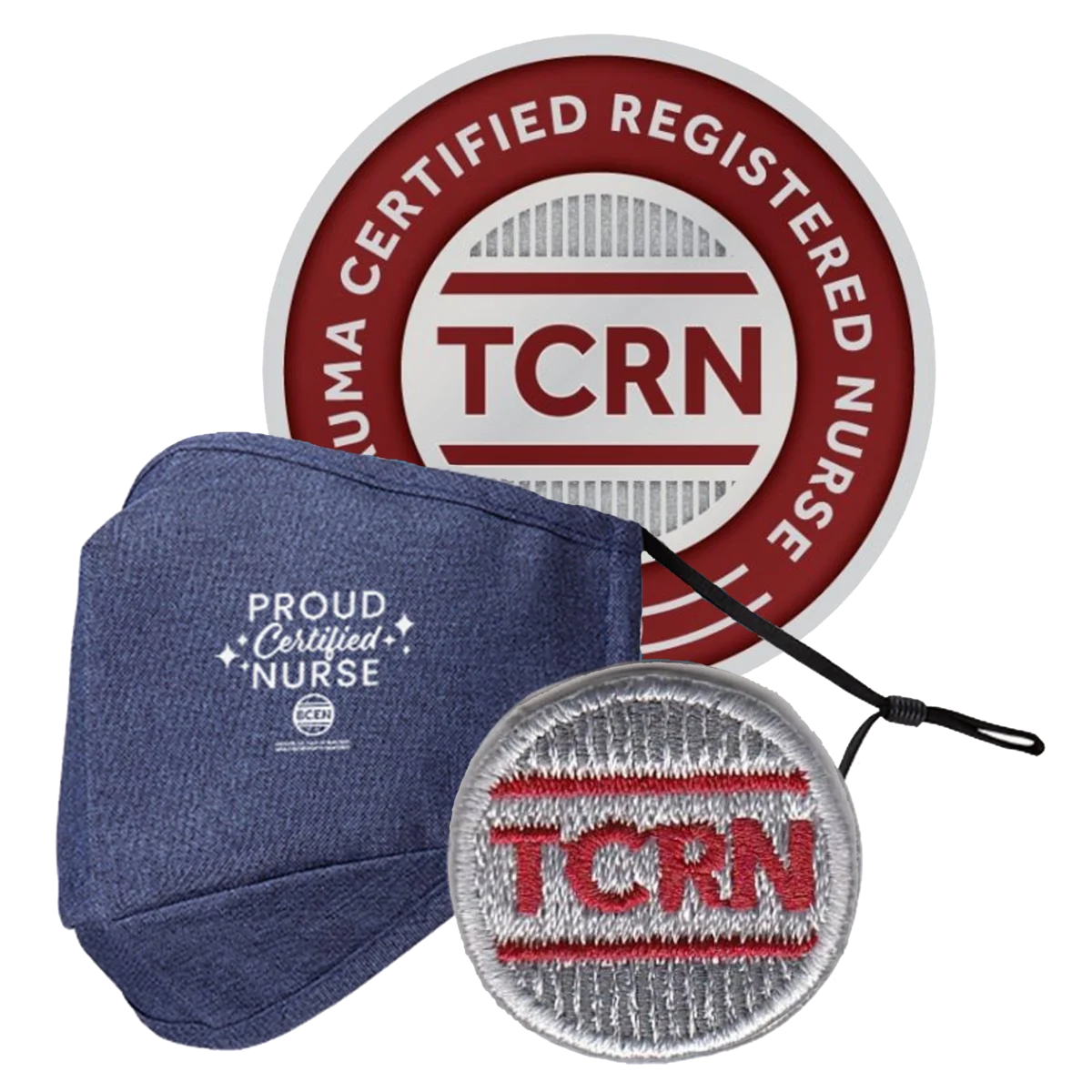 A round TCRN badge, a blue face mask labeled "Proud Certified Nurse," and a gray embroidered TCRN patch are displayed together.