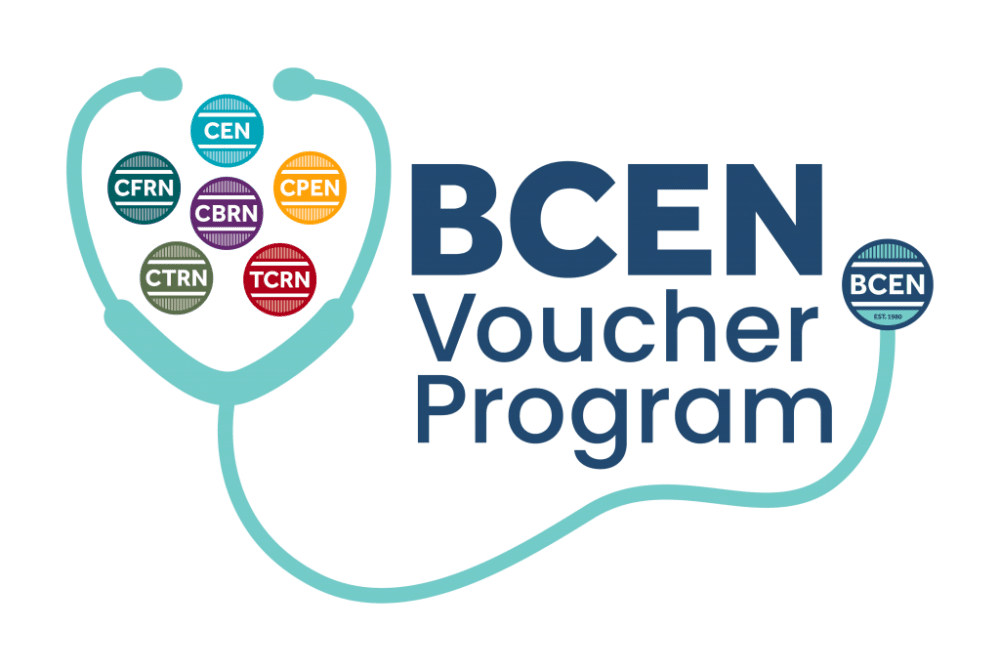 BCEN Voucher Program logo with a stethoscope encircling six certification badges: CFRN, CTRN, CBRN, CEN, CPEN, and TCRN.