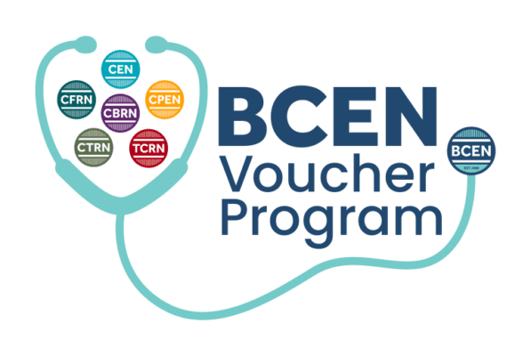 Graphic showing a stethoscope with seven colored certification badges and the text “BCEN Voucher Program.”.