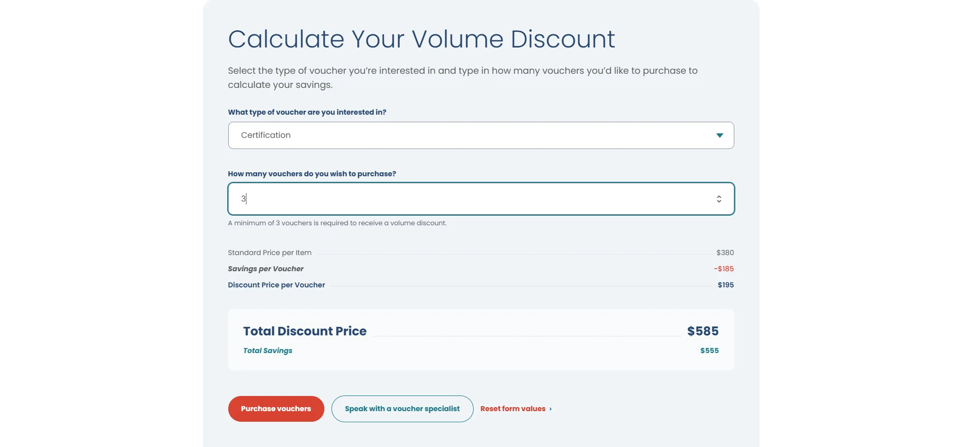 Screenshot of a volume discount calculator showing inputs for voucher type and quantity, with a calculated total discount price of $585 and total savings of $555 for purchasing 3 vouchers.