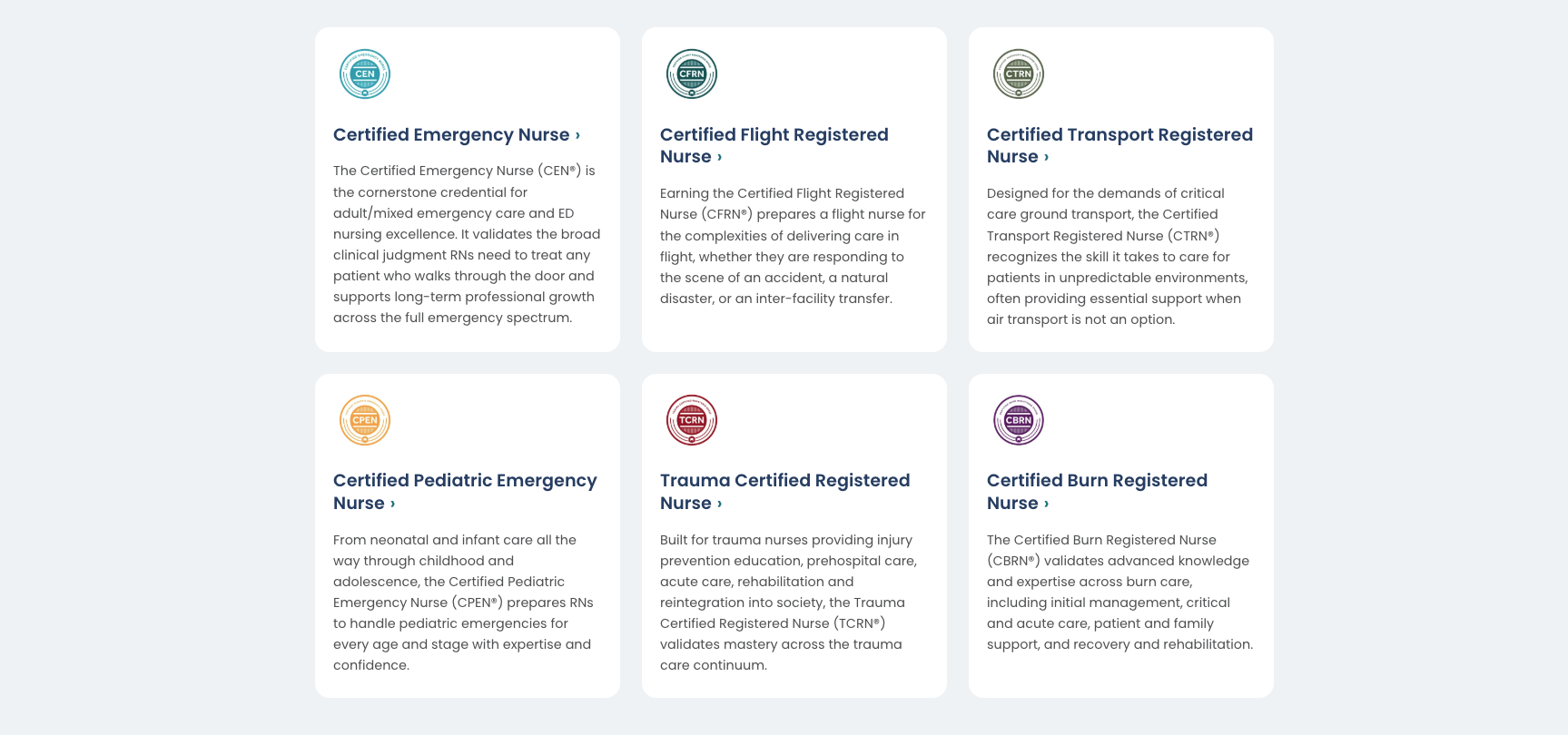 Six certification cards for different emergency nursing specialties, each with a colored badge and a brief description of the certification’s focus and requirements, feature an updated look inspired by the BCEN.org redesign.