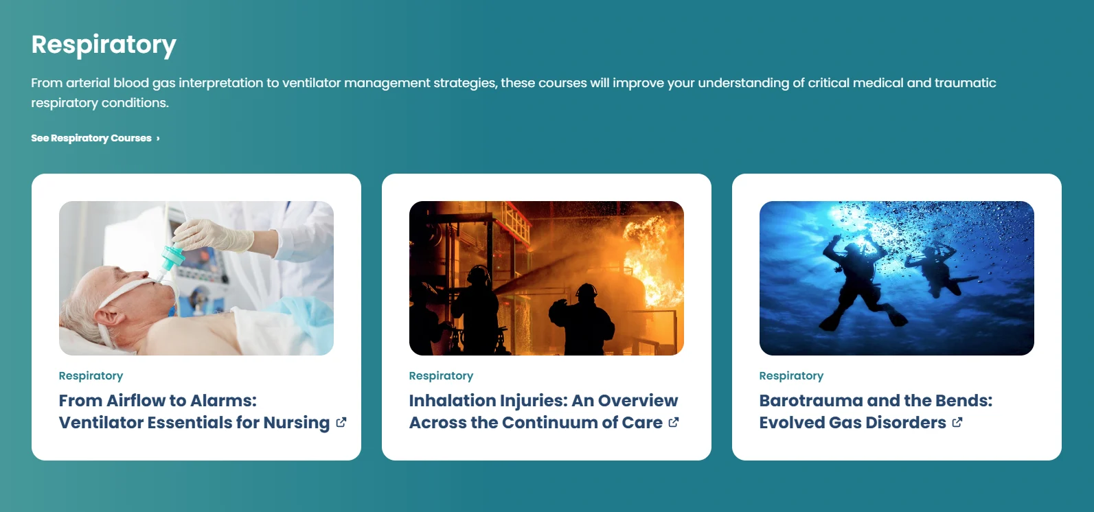 A webpage section titled "Respiratory" displays three course cards on respiratory topics, each with an image, title, and short description, against a blue-green gradient background.