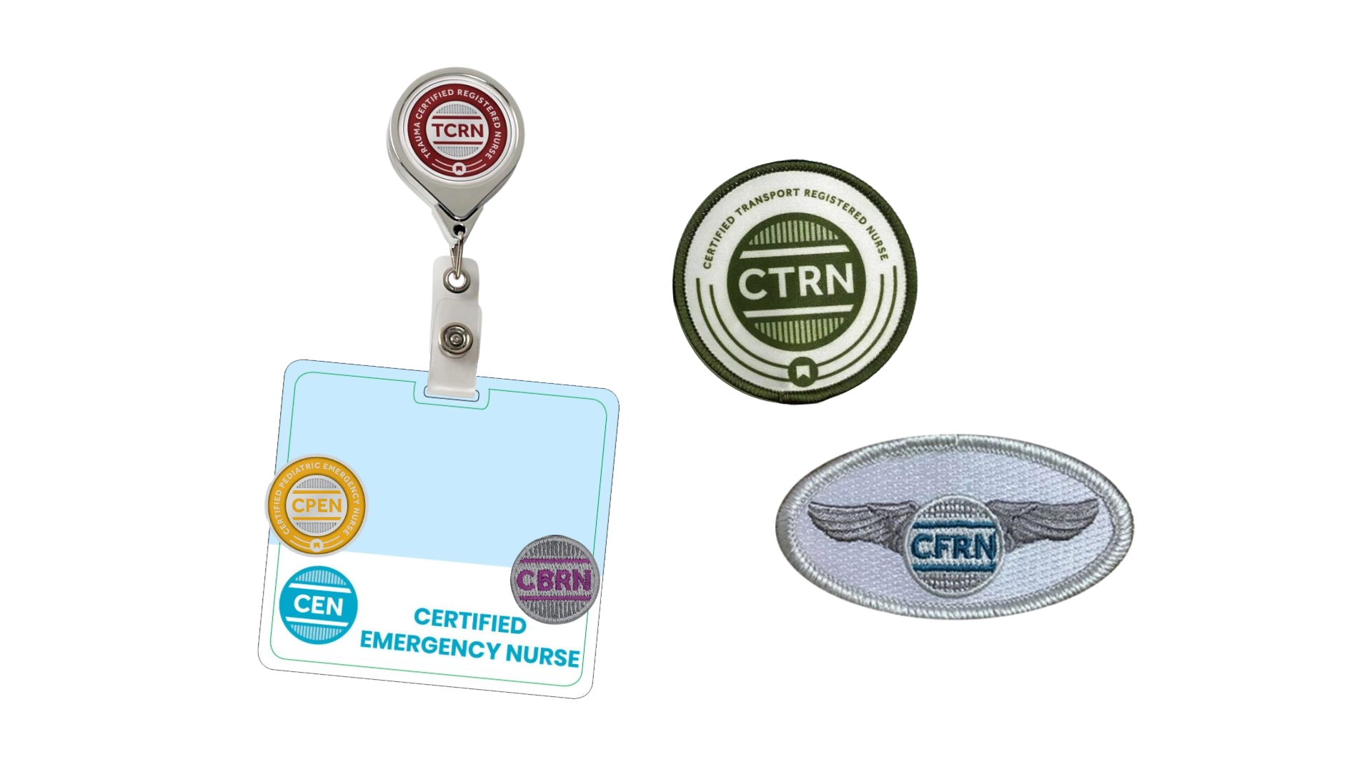 Four nursing certification badges and pins, including Certified Emergency Nurse, Certified Flight Registered Nurse, and Certified Transport Registered Nurse, displayed on a white background.