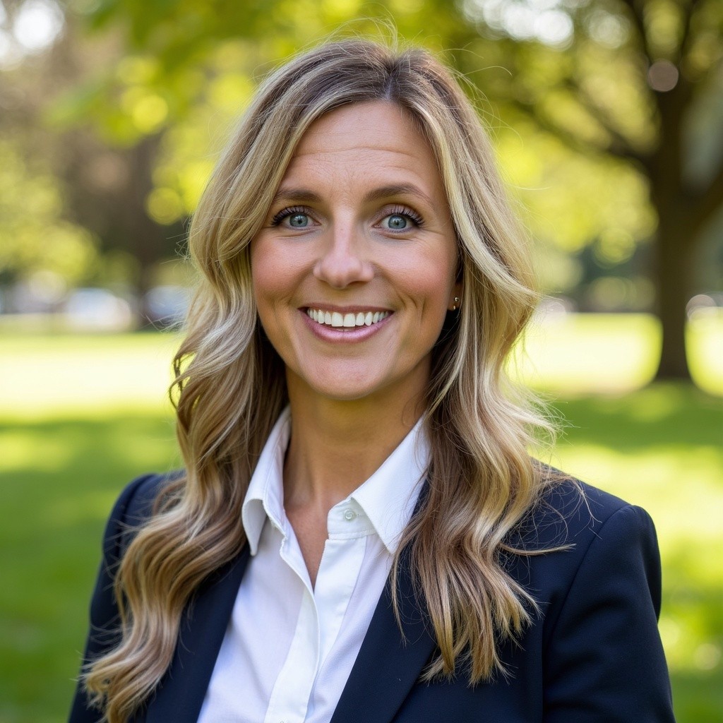 Woman with long blonde hair in a black blazer and white shirt smiles outdoors in a park with green grass and trees in the background.