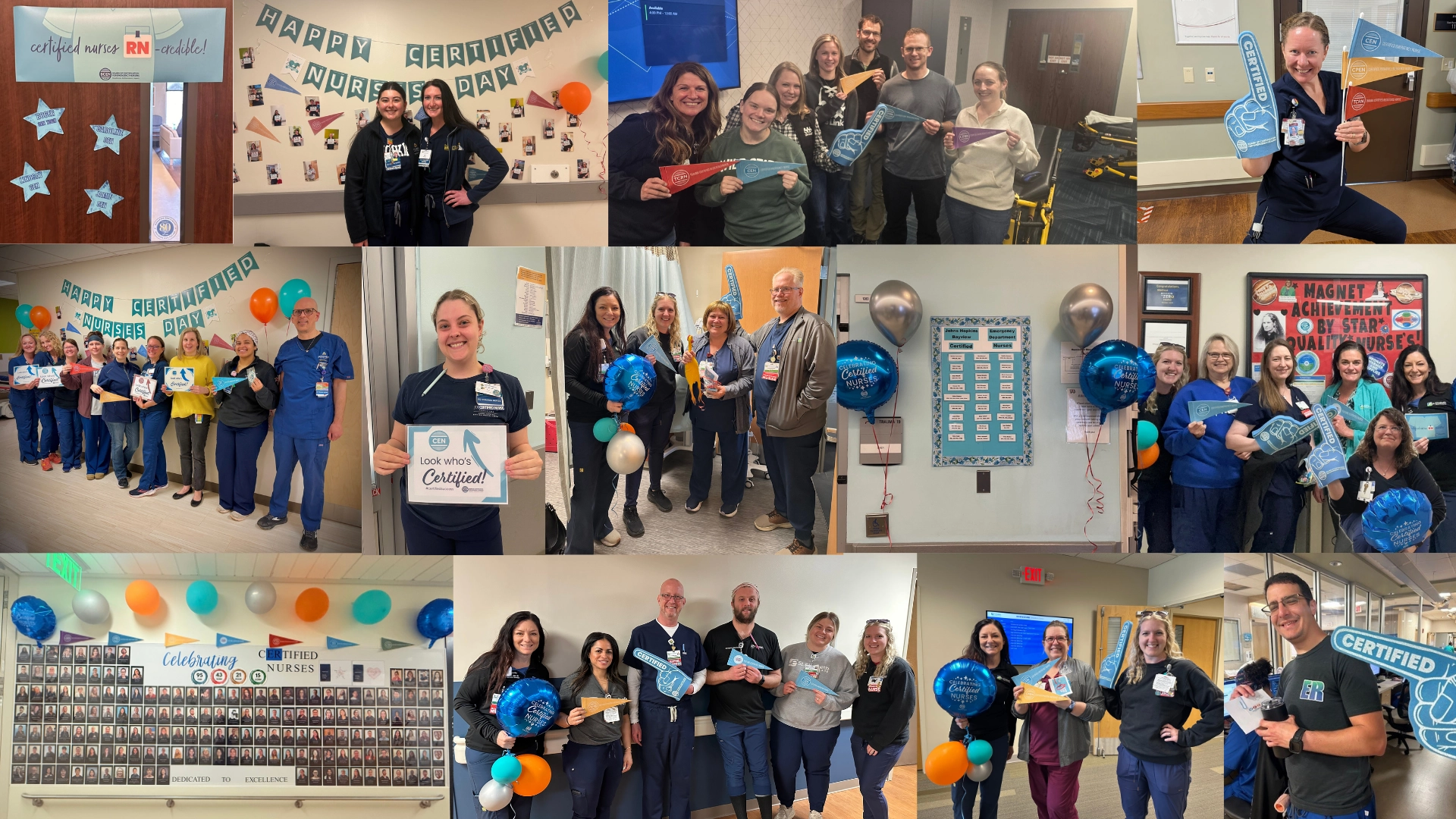 Collage of hospital staff celebrating certification with signs, balloons, and decorations in various rooms.