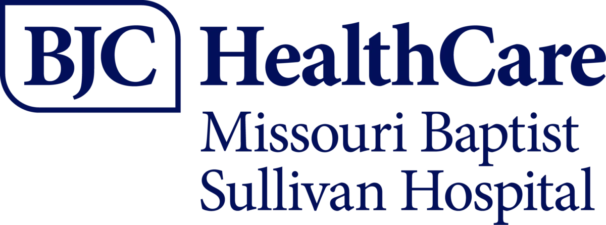 BJC HealthCare Missouri Baptist Sullivan Hospital logo with navy blue text on a light background, highlighting the Missouri Baptist Sullivan Hospital Emergency Department BCEN National Certification Champion award.